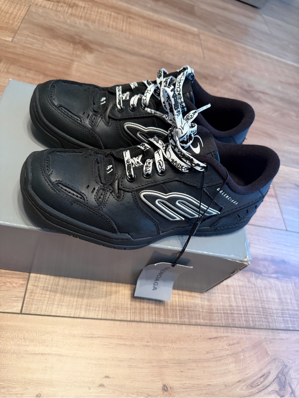 Balenciaga Black Leather Runner with White Accents - Picture 2 of 6